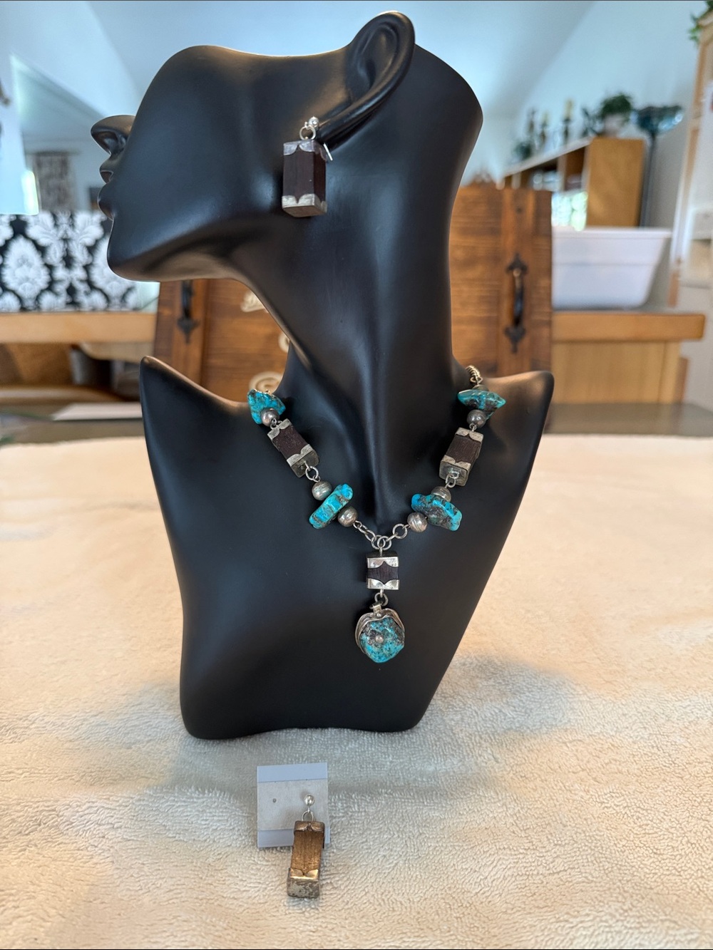 Genuine Turquoise and Silver Stone Pendant Necklace with coordinating Earrings